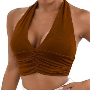 Women's Sexy Deep V Neck Halter Crop Top Tie Back Sleeveless Strappy